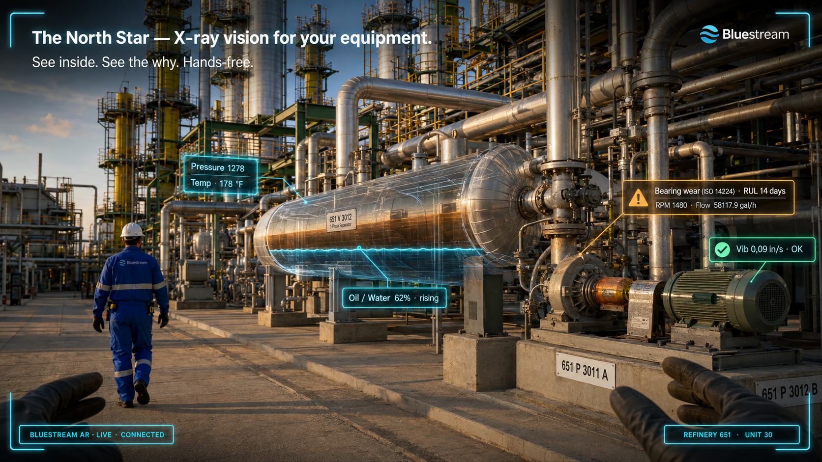 Augmented-reality field view in an onshore chemical plant: a semi-transparent process vessel showing its internal oil/water interface, with pressure, temperature, remaining useful life and a bearing-wear warning rendered in place on the equipment.