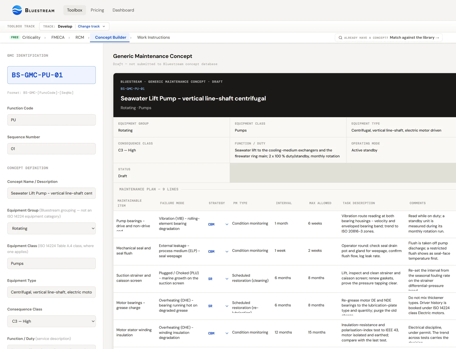 The Bluestream Toolbox Concept Builder showing a draft generic maintenance concept for a vertical line-shaft centrifugal pump. The concept header carries its identifier, equipment group, class and type, consequence class and operating mode, and below it a maintenance plan lists each maintainable item with its failure mode, strategy, PM type, interval and maximum allowed interval.