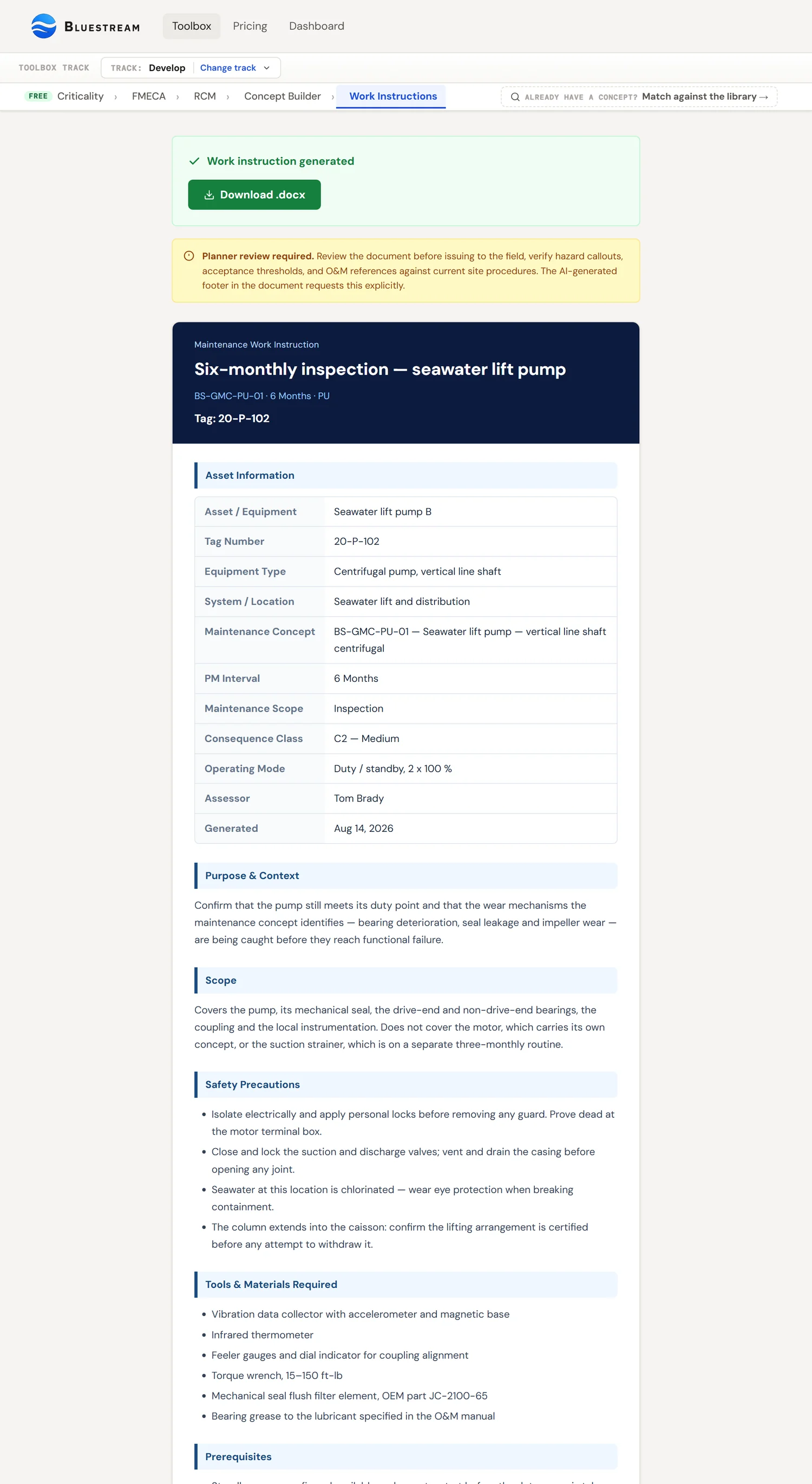 The Bluestream Toolbox Work Instructions tool showing a generated six-monthly inspection instruction for a seawater lift pump. A download button offers the document as a .docx and a banner requires planner review before issue. The instruction itself carries an asset information table listing the maintenance concept, PM interval, maintenance scope, consequence class and operating mode, followed by its purpose and scope.